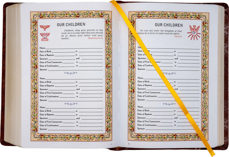 Open book with decorative pages and a yellow ribbon marker.