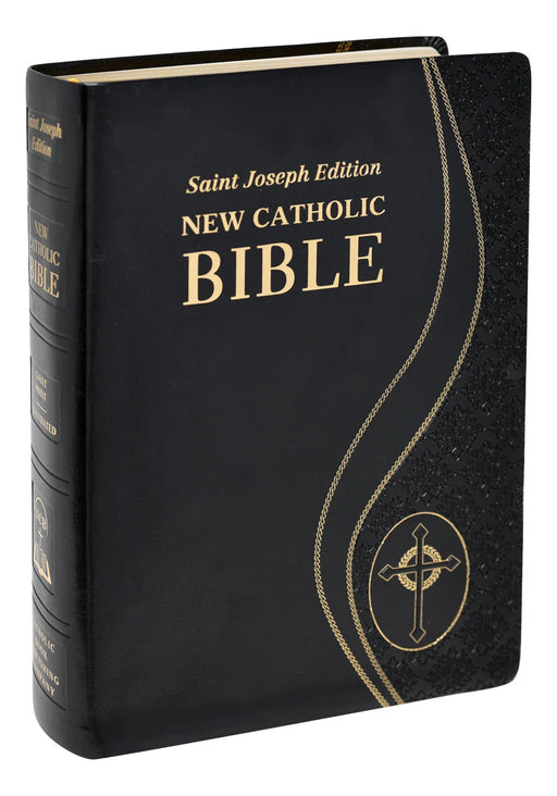 Black leather-bound Bible with gold text and design on a white background