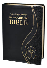Black Bible with gold text and design on a white background