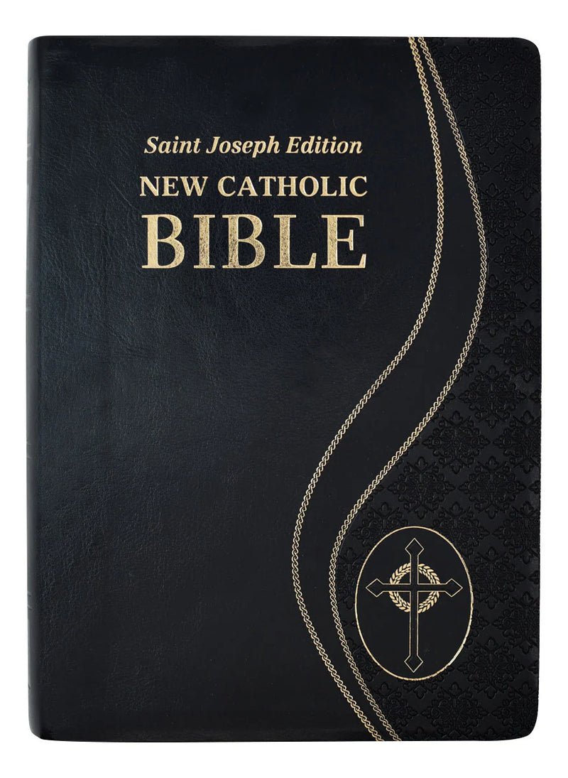 Black New Catholic Bible with gold text and design on a white background