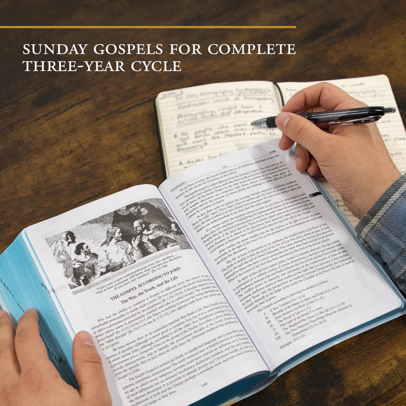 Person holding a pen over an open book titled 'Sunday Gospels for Complete Three-Year Cycle' on a wooden surface.