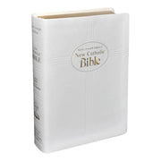 White New Catholic Bible with embossed text on a white background
