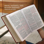 Open book with text on a blurred background