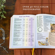 Open book on a wooden surface with text about 'Jesus' Last Week' and decorative elements.