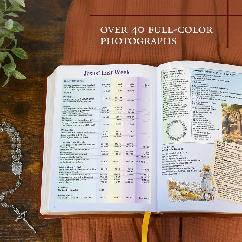 Open book on a wooden surface with text about 'Jesus' Last Week' and decorative elements.