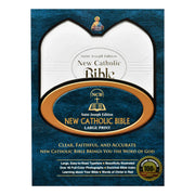 Packaging of the New Catholic Bible with blue and gold design