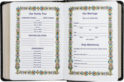 Open book with family tree and marriage certificate templates on decorative pages.
