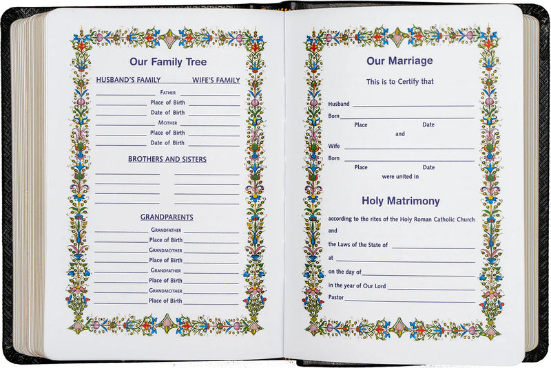 Open book with family tree and marriage certificate templates on decorative pages.