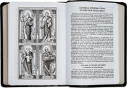 Open book with illustrations of saints on the left page and text on the right page.