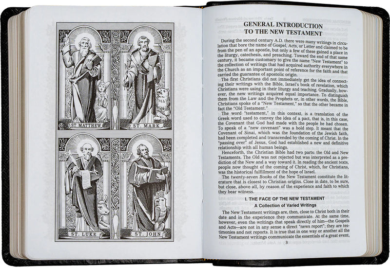 Open book with illustrations of saints on the left page and text on the right page.