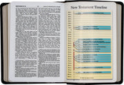 Open Bible with New Testament Timeline on a white background