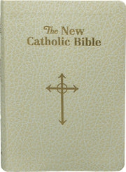 Cover of 'The New Catholic Bible' with a cross symbol on a textured beige background