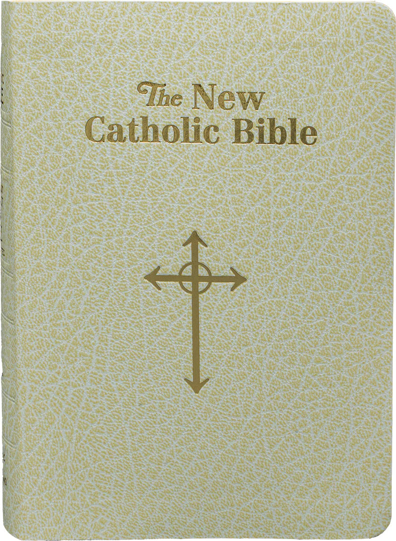 Cover of 'The New Catholic Bible' with a cross symbol on a textured beige background