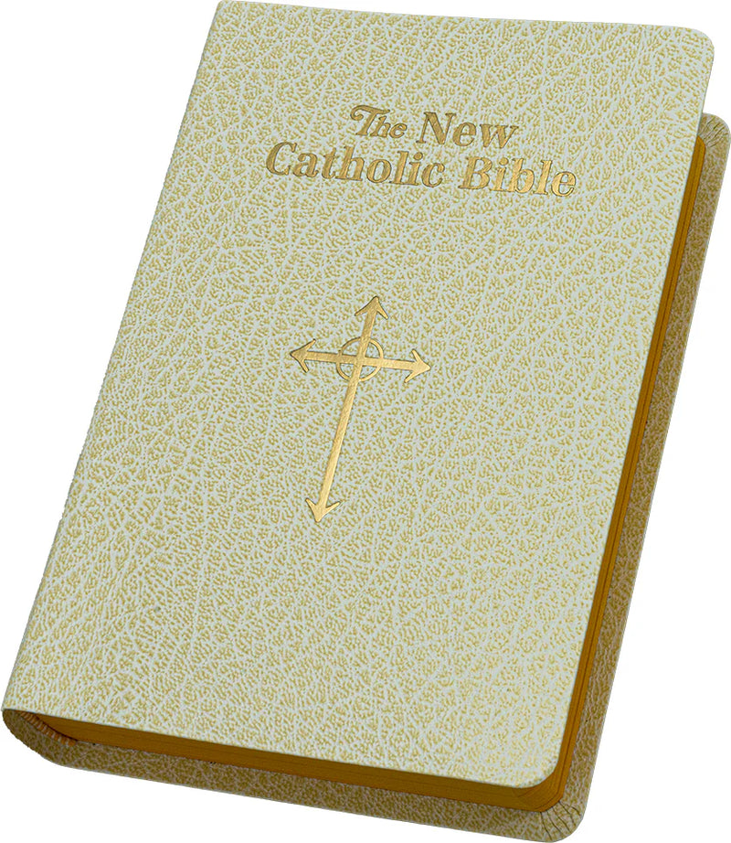 New Catholic Bible with gold cross on a white background