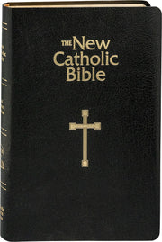 Black Bible with gold text and cross on a black background