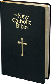 Black Bible with gold text and cross on a white background
