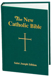 Green Bible with gold text and cross symbol on a white background