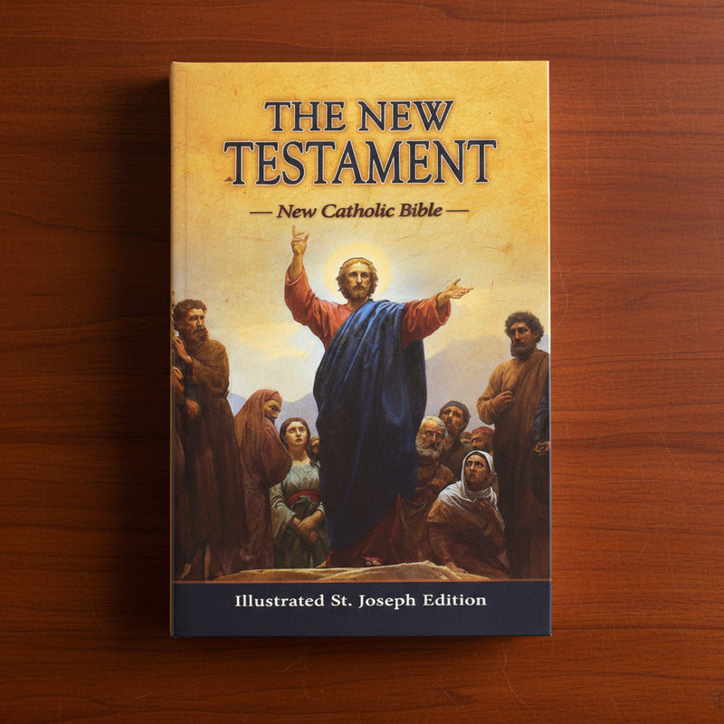 Book titled 'The New Testament' on a wooden surface