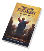 Book titled 'The New Testament' with a depiction of Jesus and disciples on the cover.
