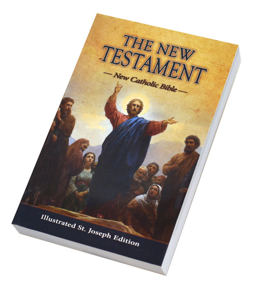 Book titled 'The New Testament' with a depiction of Jesus and disciples on the cover.