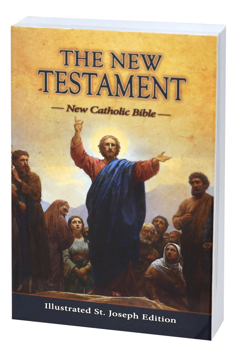 Book titled 'The New Testament' with an illustration of Jesus and disciples on the cover.