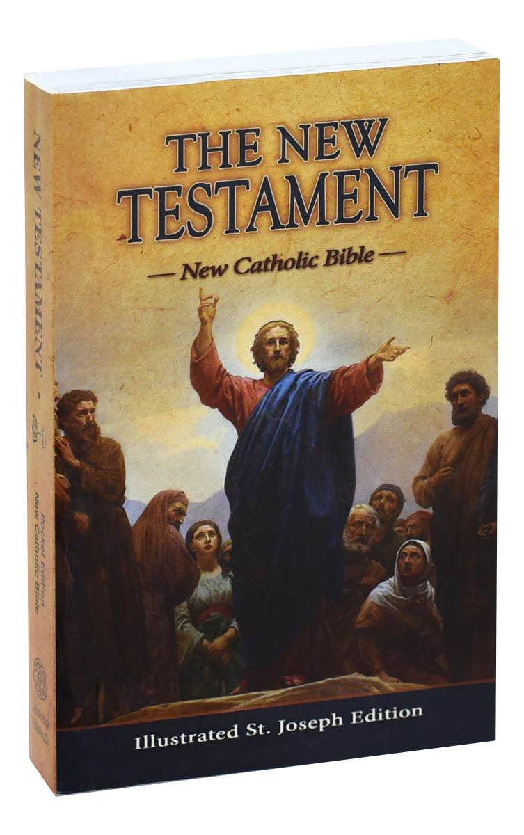 Book titled 'The New Testament' with an illustration of a religious figure on the cover.