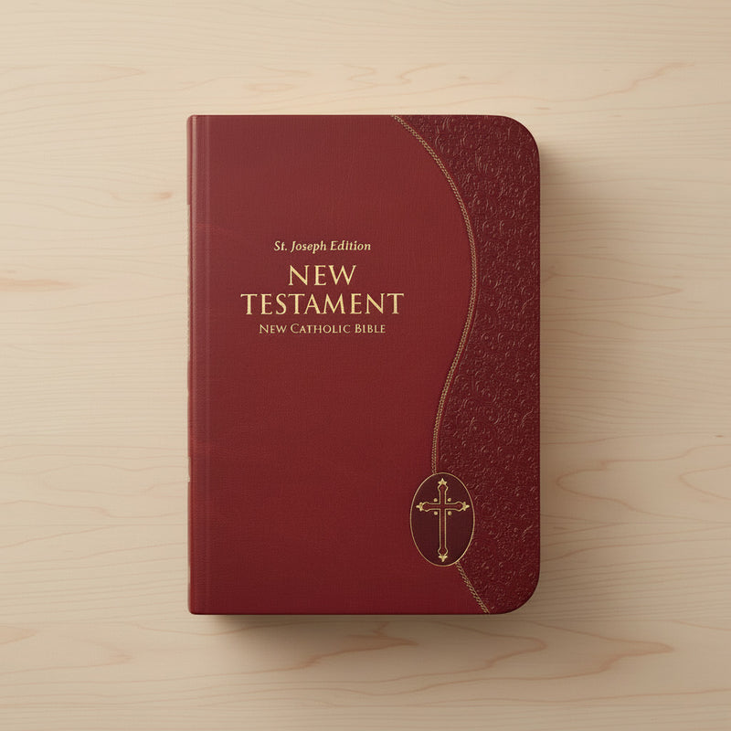 Red New Testament book with gold text and design on a wooden surface