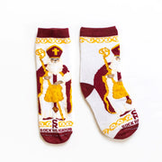 A pair of red, white, and gold socks featuring images of St. Nicholas holding a crosure
