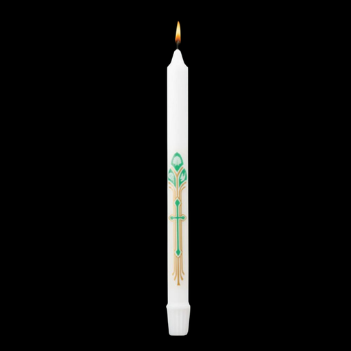 White candle with a green cross design on a black background
