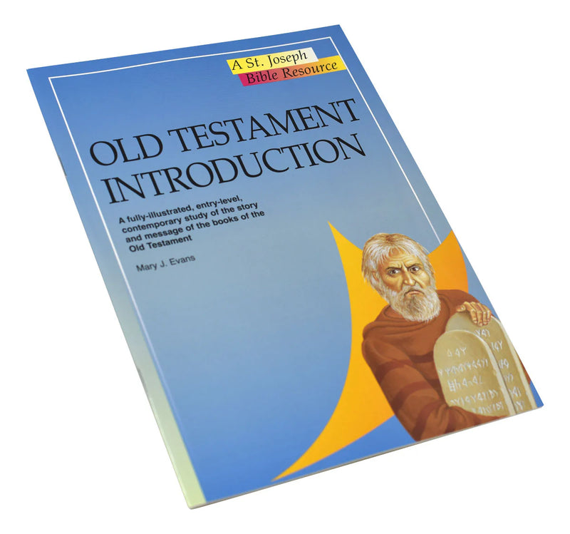 Book titled 'Old Testament Introduction' with a blue cover and illustration of a man holding a stone tablet on a white background.
