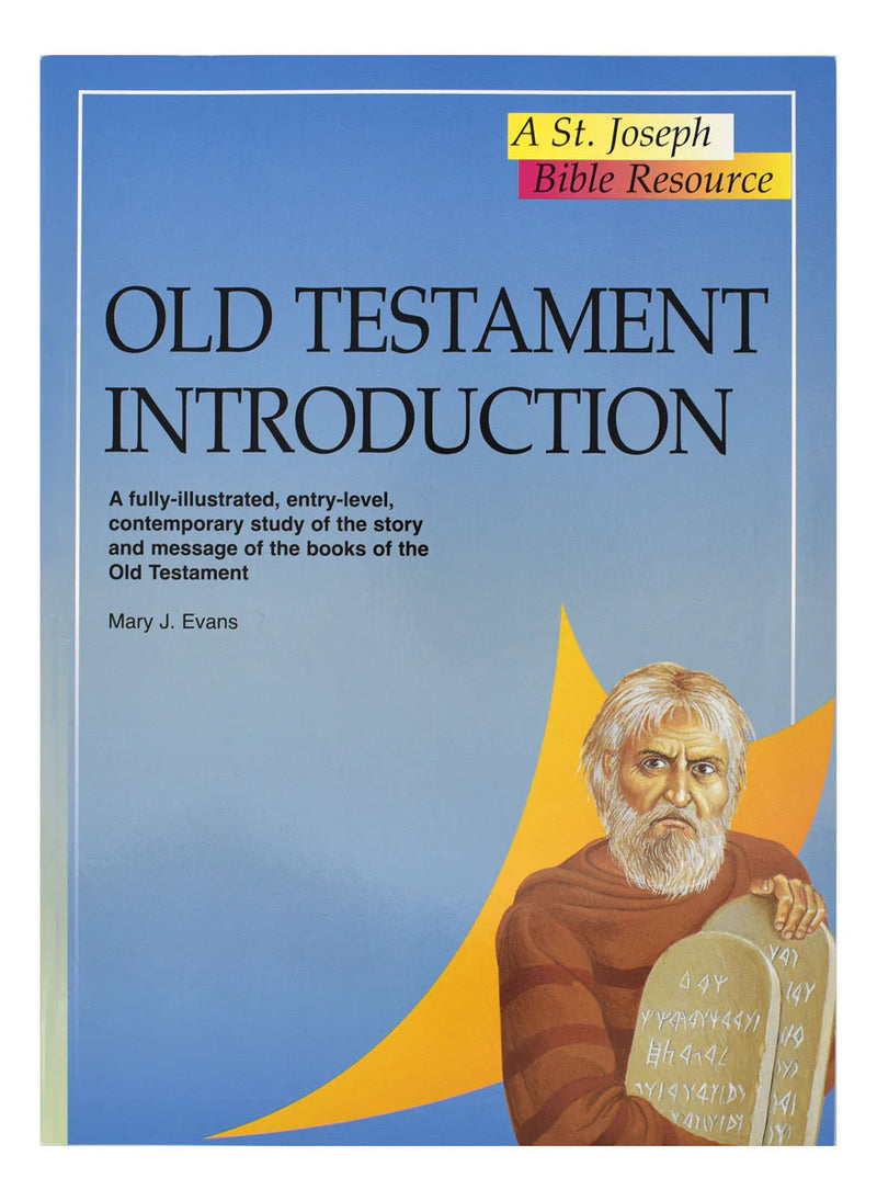 Book cover of 'Old Testament Introduction' with a blue background and an illustration of an elderly man holding tablets.