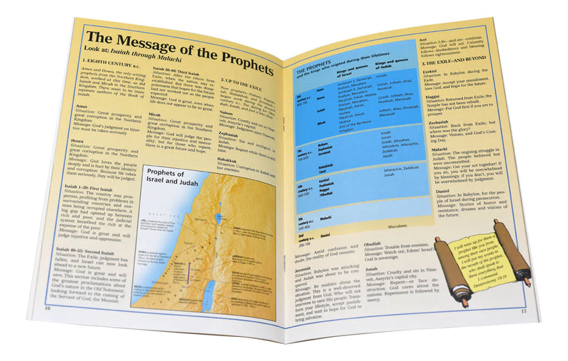 Open educational brochure with text and maps on a white background