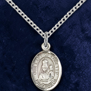 Silver medal necklace with 'Our Lady of Loretto' on a blue background