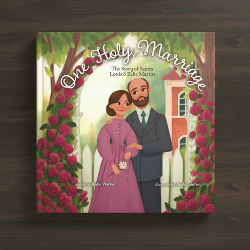 Children's hardcover book entitled 'One Holy Marriage' with illustrations of a Victorian couple and pink roses, on a dark background