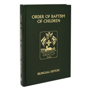 Black book titled 'Order of Baptism of Children' with gold text and design on a white background