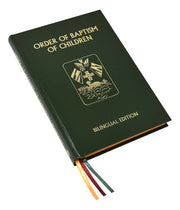Green book titled 'Order of Baptism of Children' with a logo on the cover, on a white background.