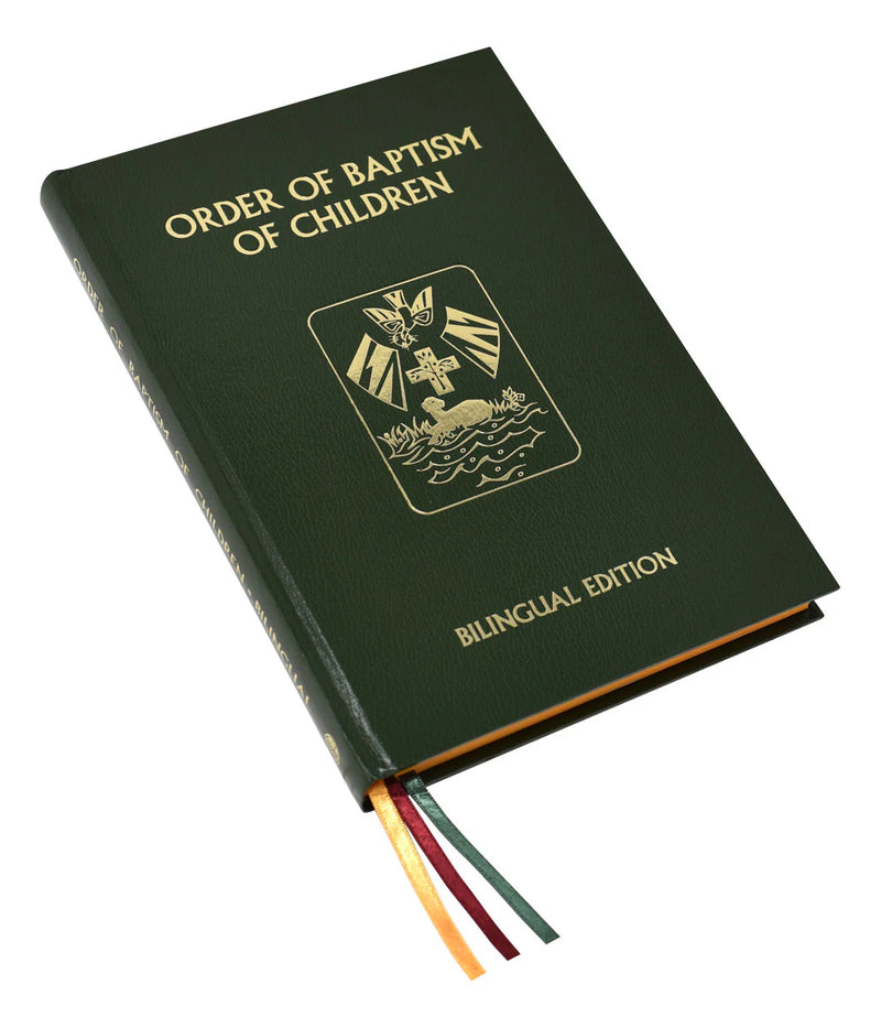 Green book titled 'Order of Baptism of Children' with a logo on the cover, on a white background.