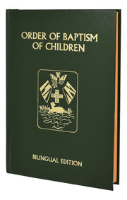 Green book titled 'Order of Baptism of Children' with a gold emblem on a white background