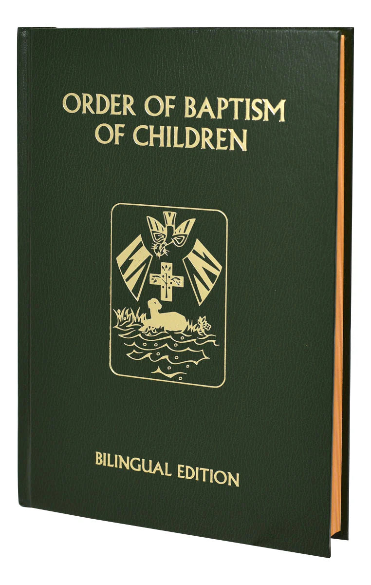 Green book titled 'Order of Baptism of Children' with a gold emblem on a white background