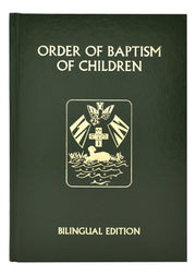 Green book titled 'Order of Baptism of Children' with a logo on a white background