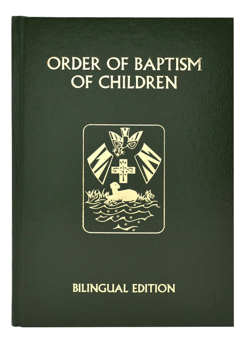 Green book titled 'Order of Baptism of Children' with a logo on a white background