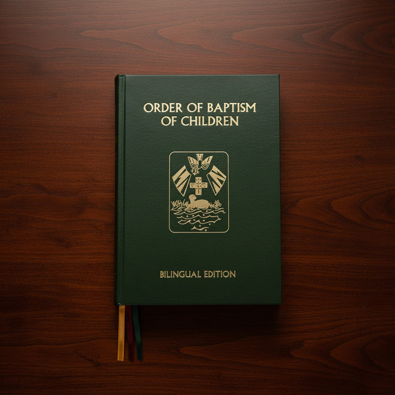 Green book titled 'Order of Baptism of Children' on a wooden surface