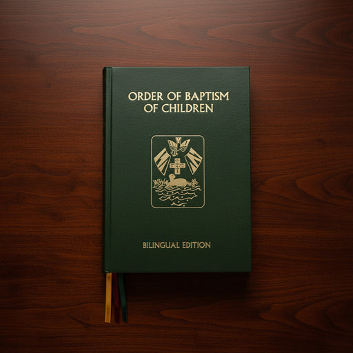 Green book titled 'Order of Baptism of Children' on a wooden surface