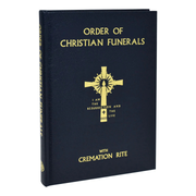 Book titled 'Order of Christian Funerals' with a cross symbol on a white background