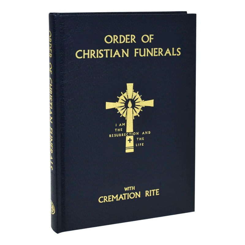 Book titled 'Order of Christian Funerals' with a cross symbol on a white background
