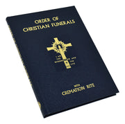 Book titled 'Order of Christian Funerals' with a cross symbol on a white background