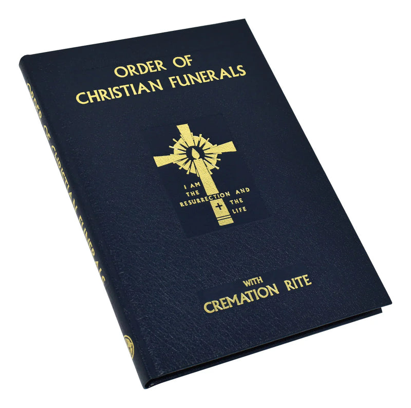 Book titled 'Order of Christian Funerals' with a cross symbol on a white background