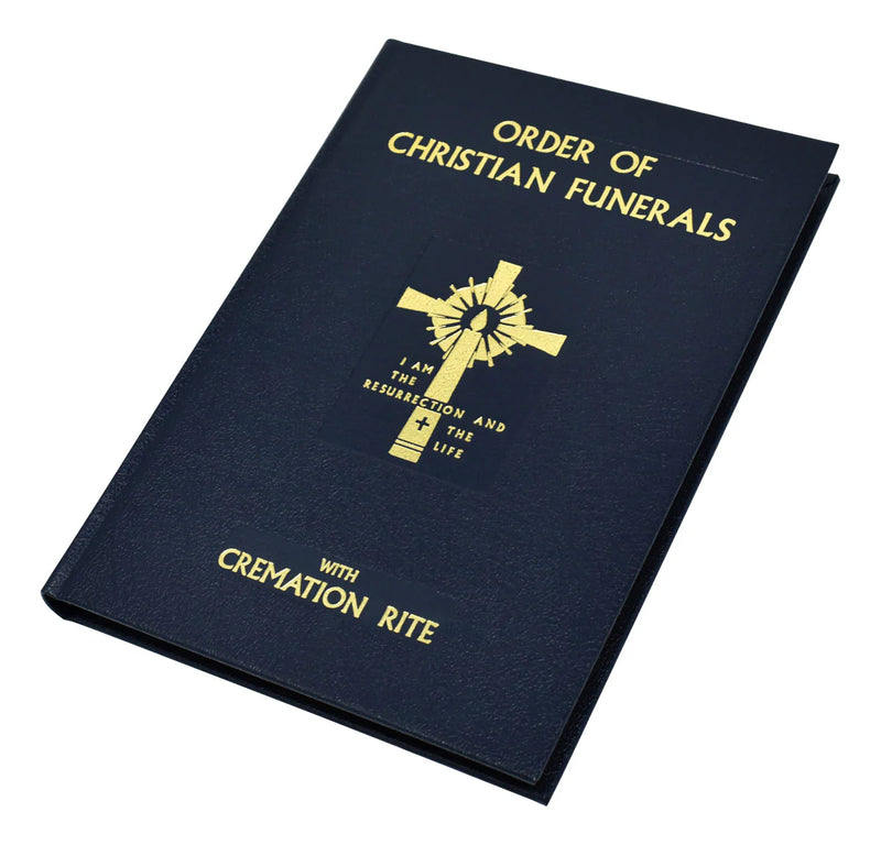 Book titled 'Order of Christian Funerals with Cremation Rite' on a white background