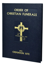 Blue book titled 'Order of Christian Funerals' with a gold cross and text on a white background