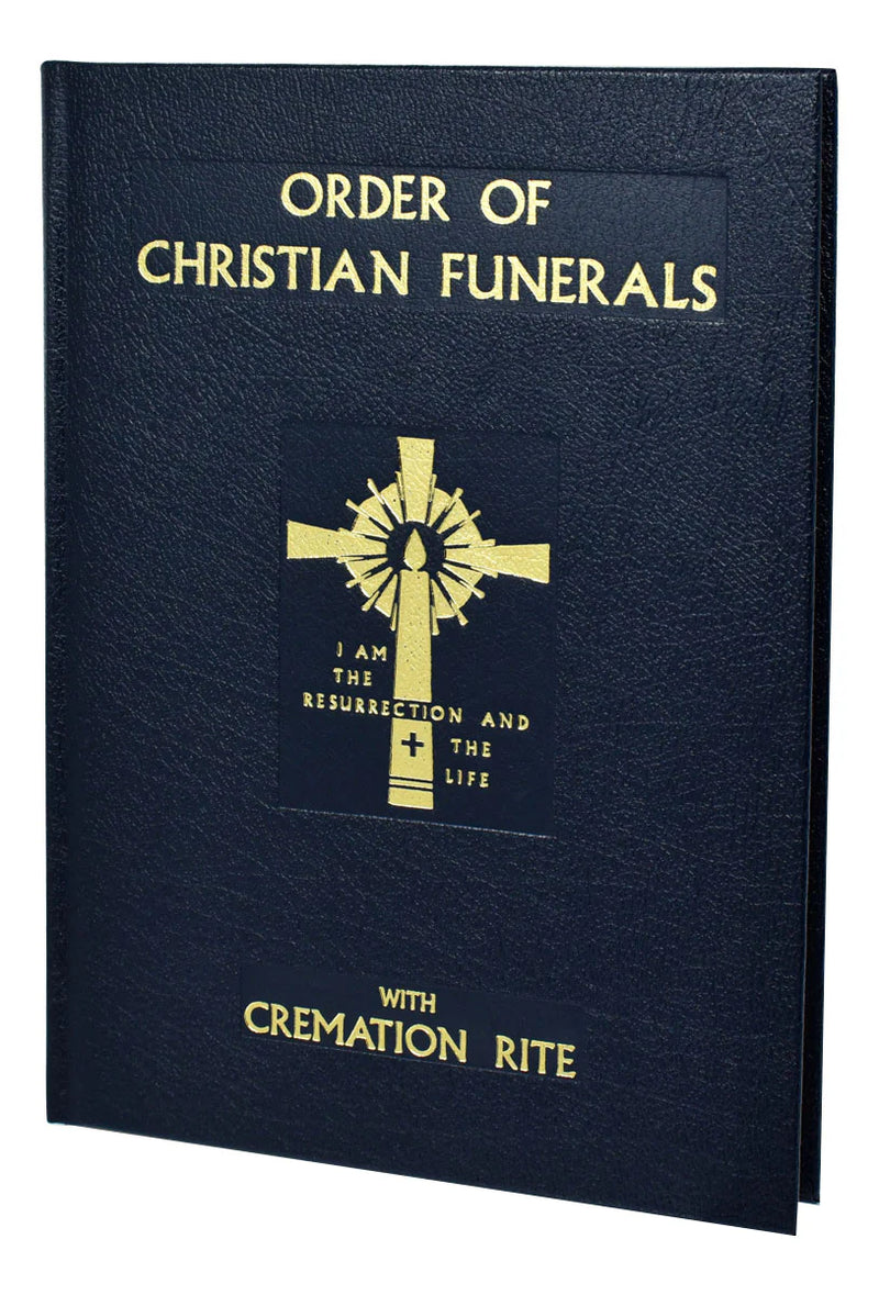 Blue book titled 'Order of Christian Funerals' with a gold cross and text on a white background